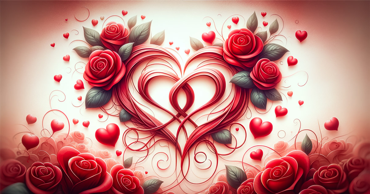 Roten Rosen, die ein herzförmiges Muster auf einem hellrosa Hintergrund bilden, umgeben von kleinen roten Herzen und eleganten Wirbeln.