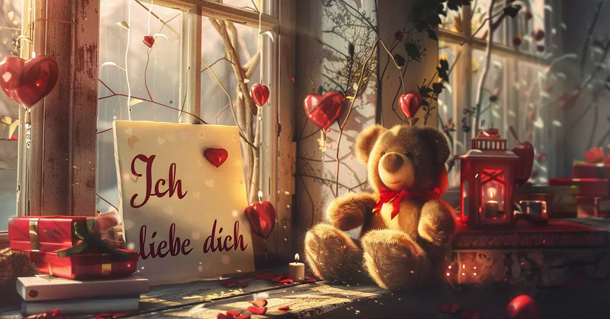 Gemütliche Fensterbank dekoriert mit einem Teddybär, der eine rote Schleife trägt, neben einer Karte mit der Aufschrift 'Ich liebe dich', roten Herzen, Geschenkboxen und einer brennenden Laterne, alles in einem warmen, sonnendurchfluteten Raum.
