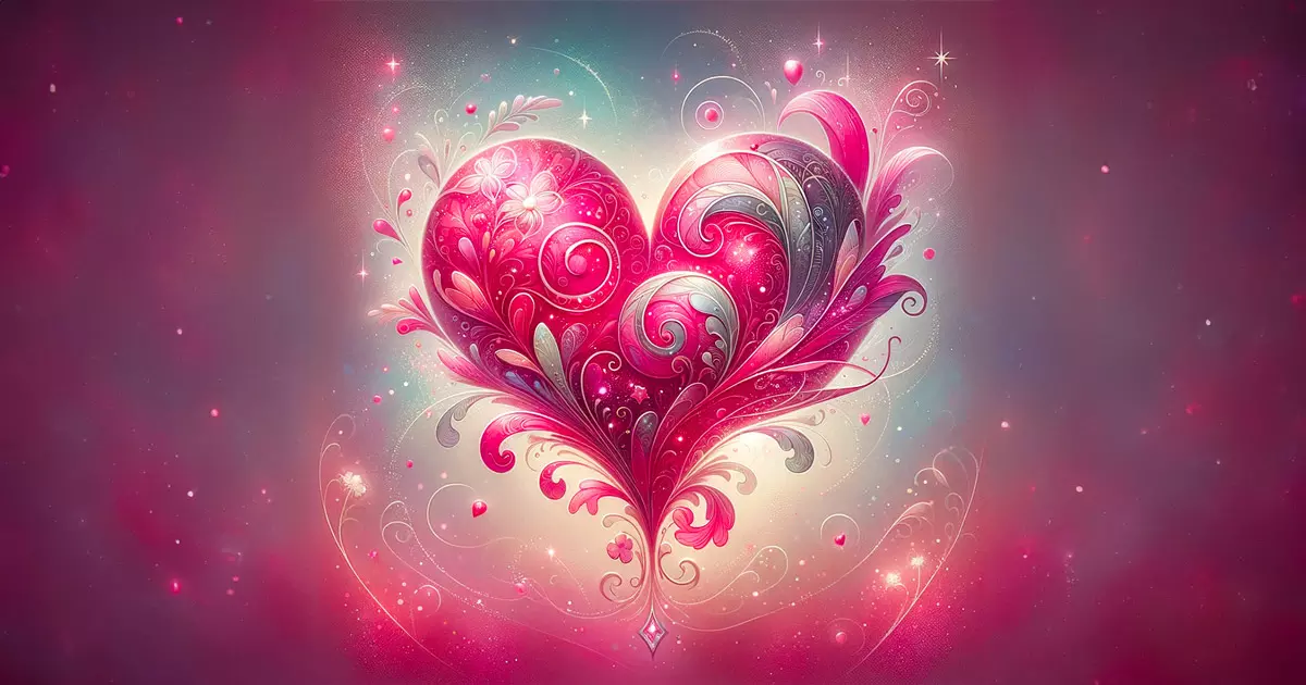 Ein leuchtendes Herz mit filigranen, floralen Motiven in Rosa- und Rottönen, umgeben von leuchtenden Sternen und schimmernden Lichtpartikeln auf einem zartrosa bis violetten Hintergrund.