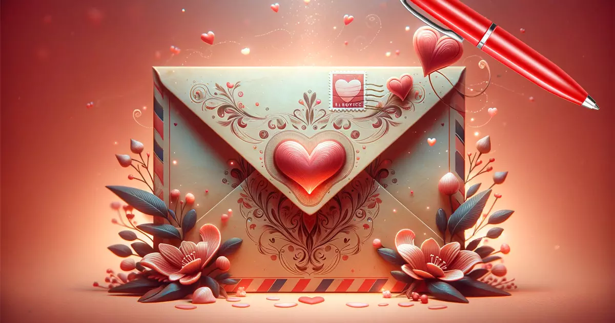 Valentinstagsbriefumschlag mit herzförmigem Verschluss und Verzierungen, Briefmarke mit Herz, umgeben von floralen Elementen und schwebenden Herzen, neben einem roten Stift mit Glanzeffekt auf rotem Hintergrund