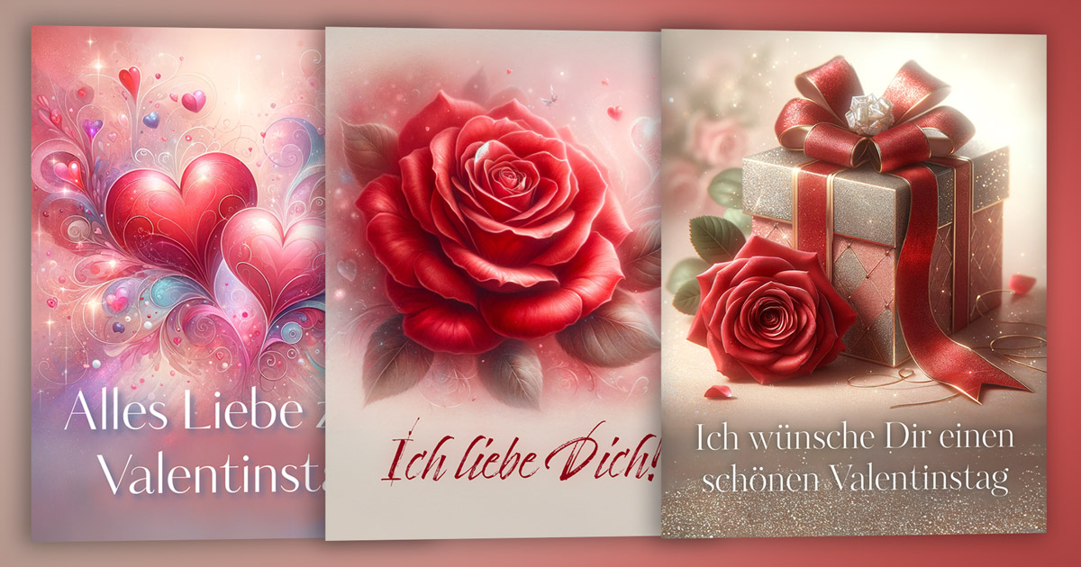 Drei Valentinstagskarten mit romantischen Motiven: Links Herzen mit Glitzer, Mitte eine rote Rose, rechts ein Geschenk mit Rose und Schleife, begleitet von Liebesbekundungen und Wünschen für den Valentinstag.